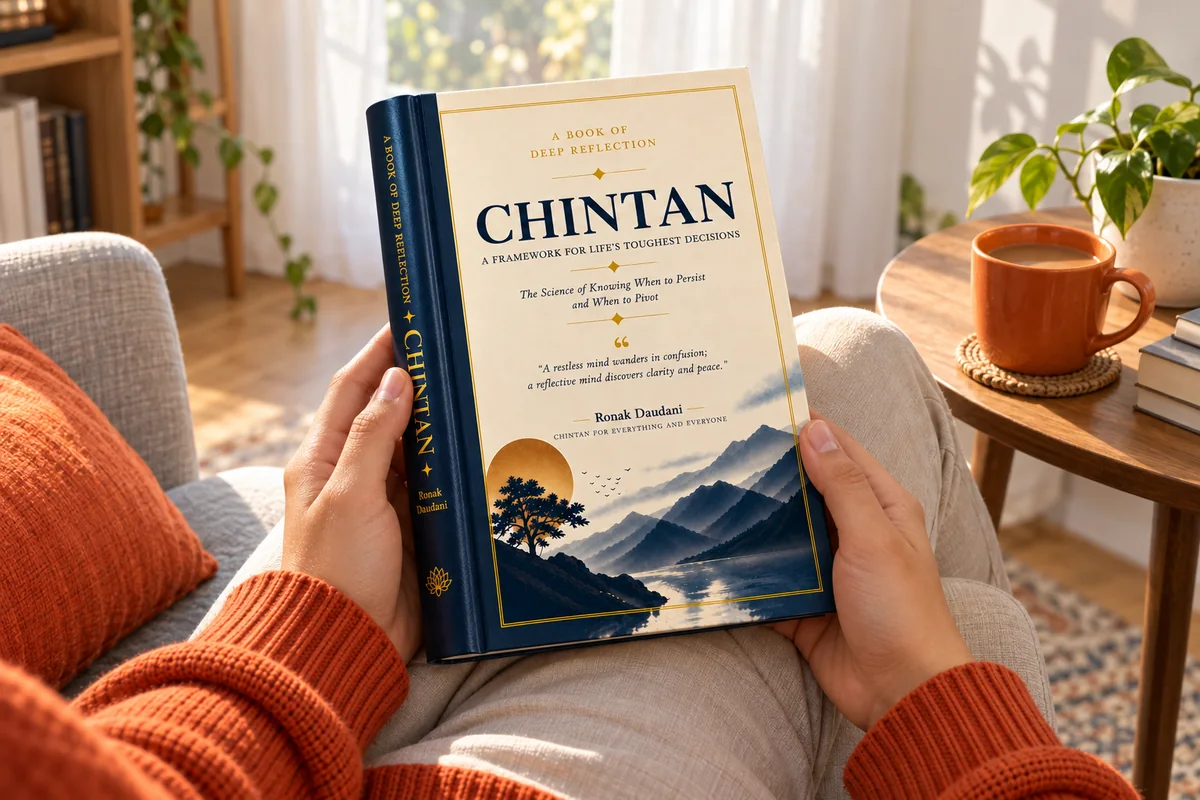 Reading CHINTAN in a bright armchair
